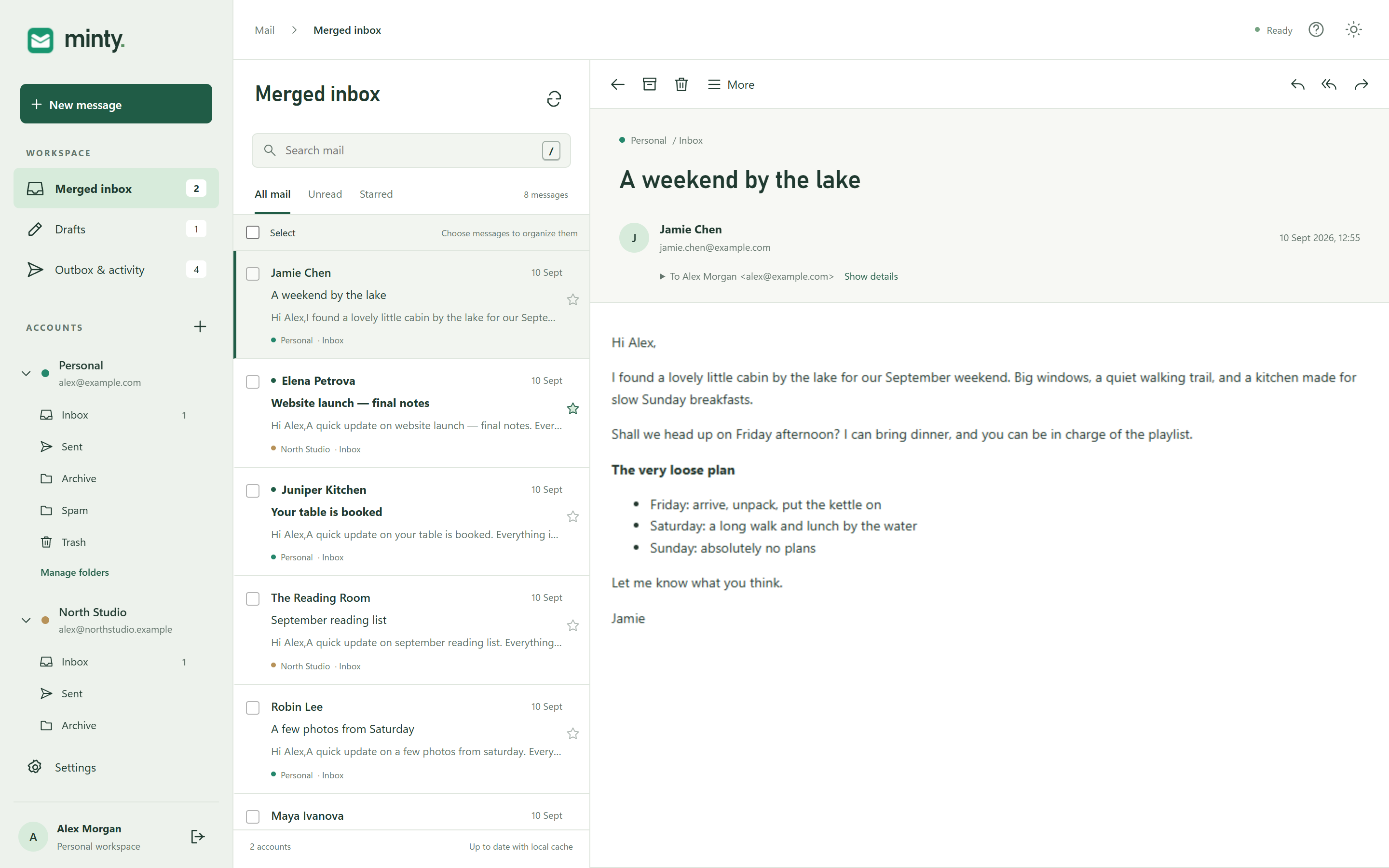 Minty Mail merged inbox showing fictional personal and work messages