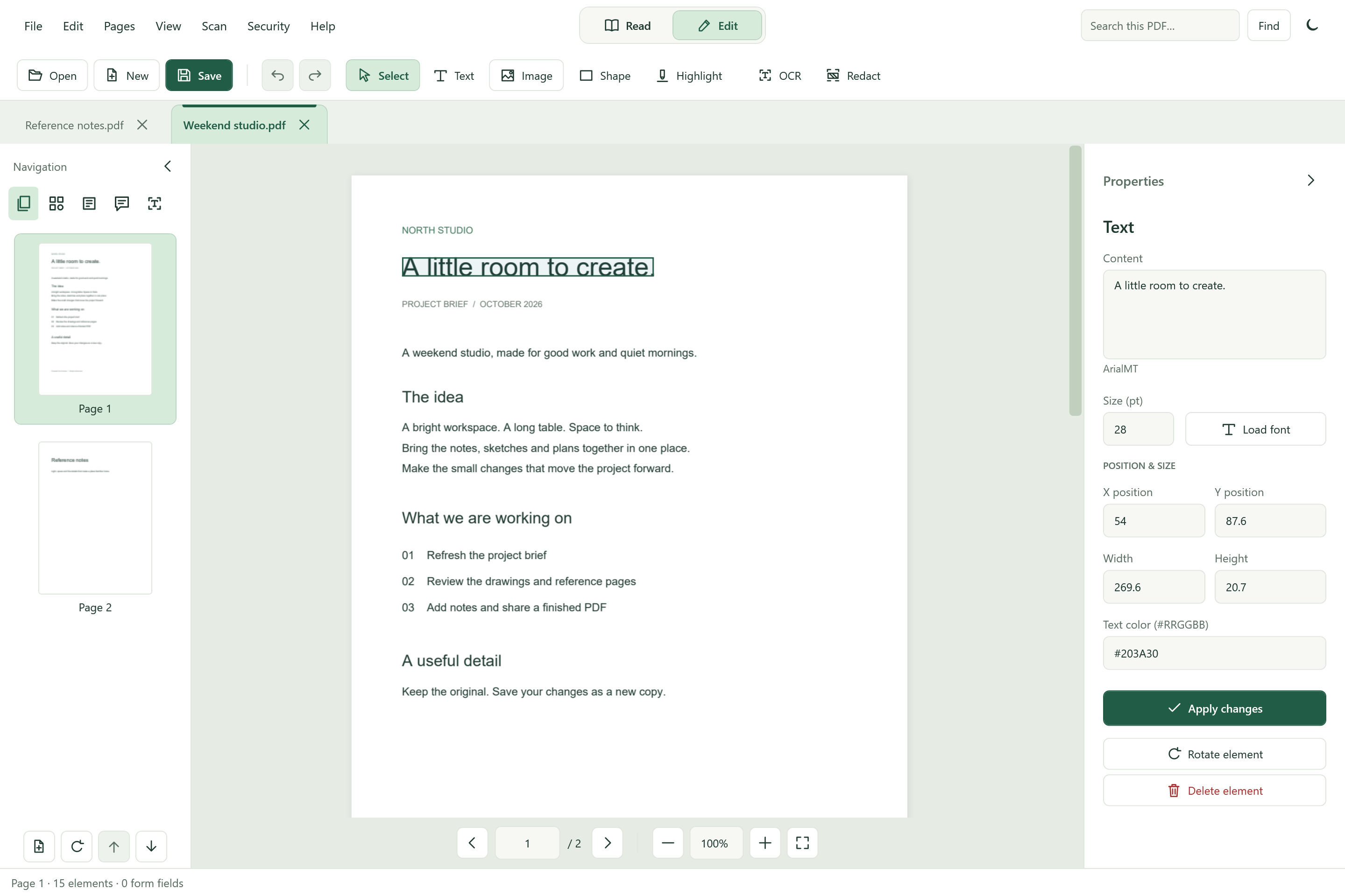 Minty PDF in Edit mode showing a fictional project brief and text editing tools