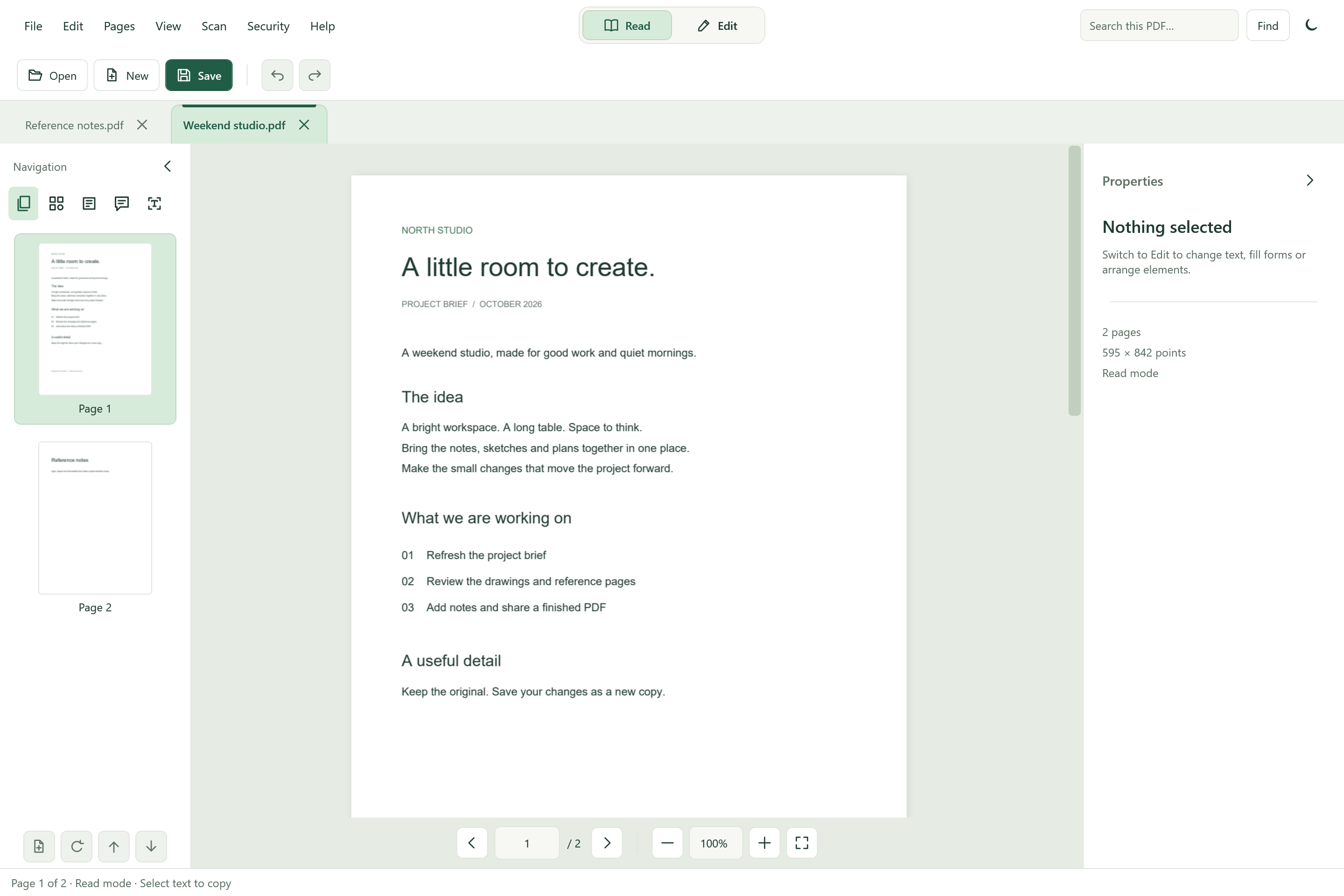 The real Minty PDF reader with two document tabs and a fictional North Studio project brief. Read mode is selected.