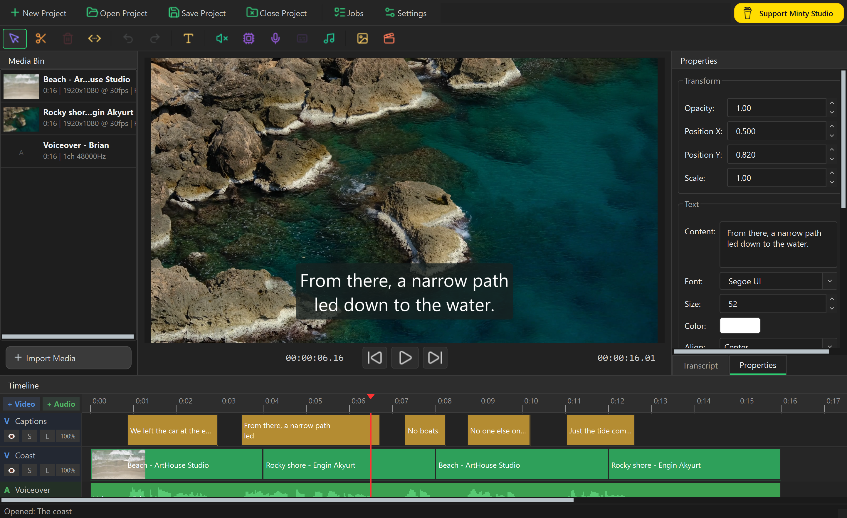 Minty Studio video editor showing coastal footage, captions, and a multi-track timeline