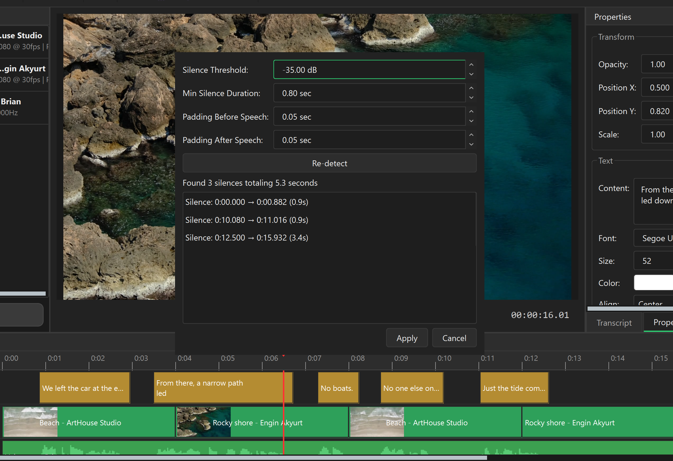 Silence cutting dialog over the Minty Studio editor, with the video preview and timeline visible